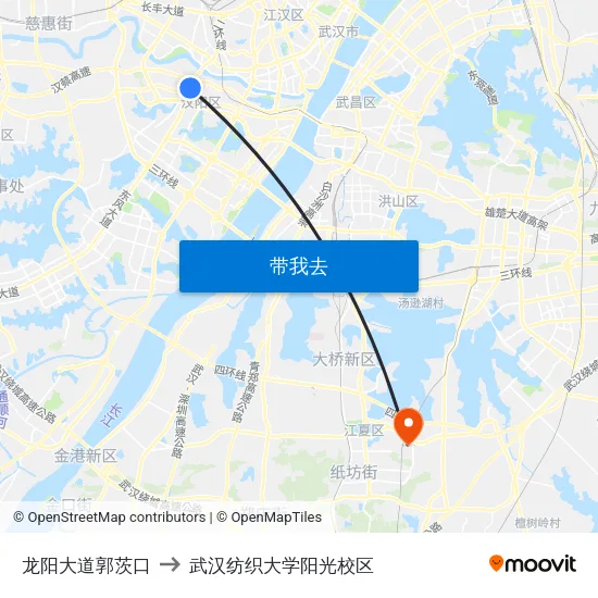 龙阳大道郭茨口 to 武汉纺织大学阳光校区 map