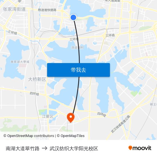 南湖大道翠竹路 to 武汉纺织大学阳光校区 map