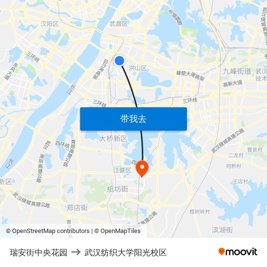 瑞安街中央花园 to 武汉纺织大学阳光校区 map