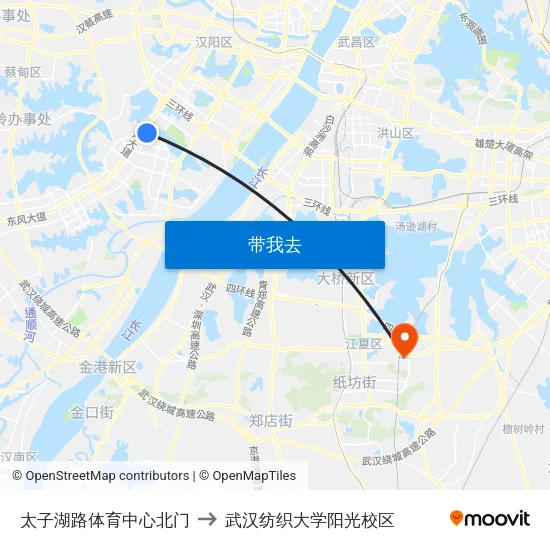 太子湖路体育中心北门 to 武汉纺织大学阳光校区 map