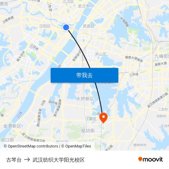 古琴台 to 武汉纺织大学阳光校区 map