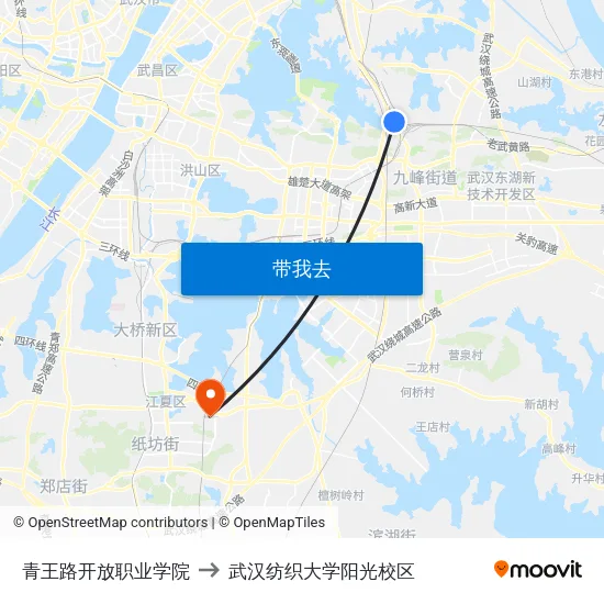青王路开放职业学院 to 武汉纺织大学阳光校区 map