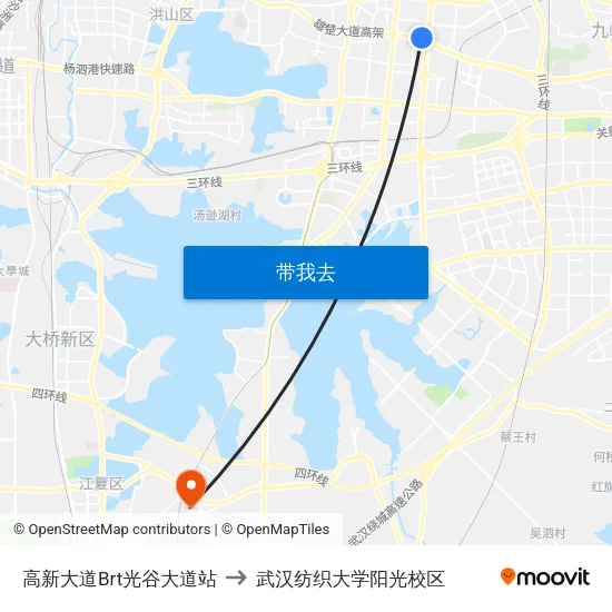 高新大道Brt光谷大道站 to 武汉纺织大学阳光校区 map