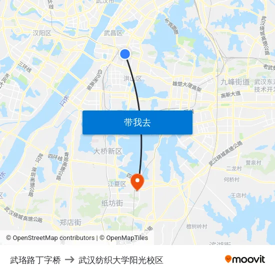 武珞路丁字桥 to 武汉纺织大学阳光校区 map