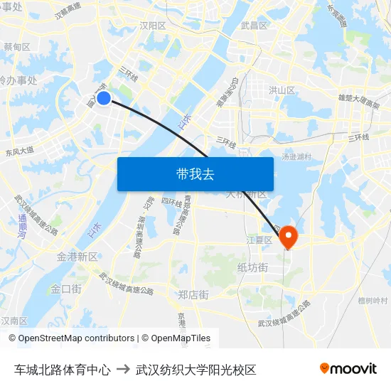 车城北路体育中心 to 武汉纺织大学阳光校区 map