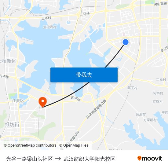 光谷一路梁山头社区 to 武汉纺织大学阳光校区 map