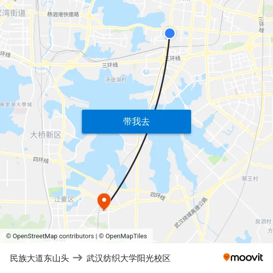 民族大道东山头 to 武汉纺织大学阳光校区 map
