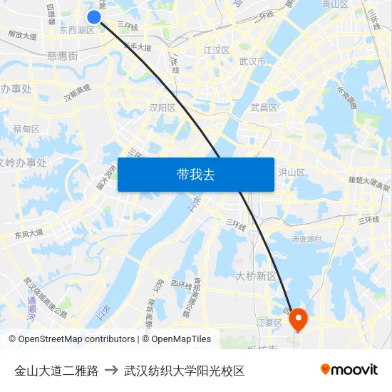 金山大道二雅路 to 武汉纺织大学阳光校区 map