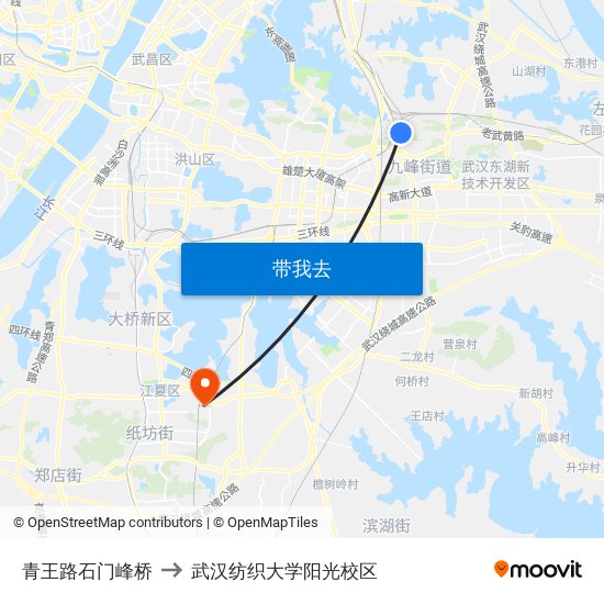 青王路石门峰桥 to 武汉纺织大学阳光校区 map