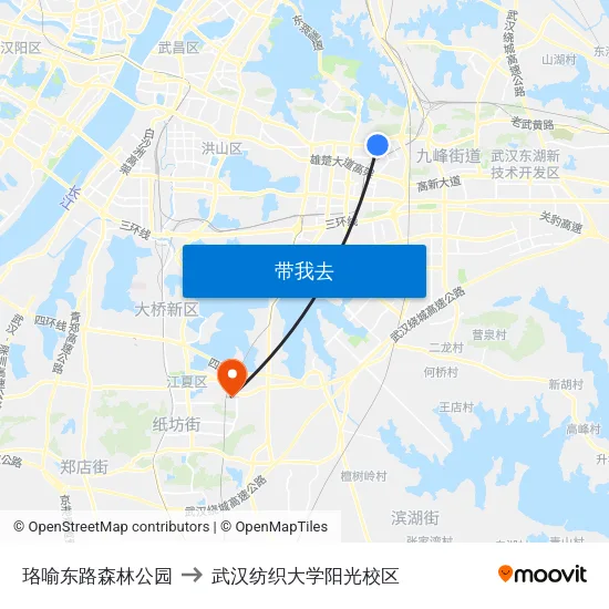 珞喻东路森林公园 to 武汉纺织大学阳光校区 map