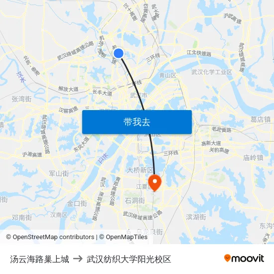 汤云海路巢上城 to 武汉纺织大学阳光校区 map