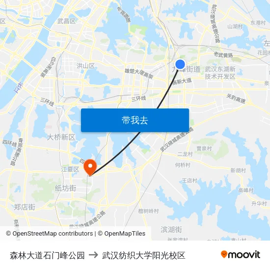 森林大道石门峰公园 to 武汉纺织大学阳光校区 map