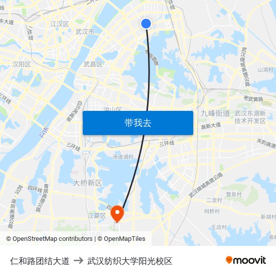 仁和路团结大道 to 武汉纺织大学阳光校区 map