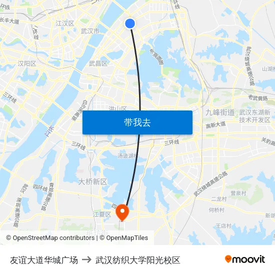 友谊大道华城广场 to 武汉纺织大学阳光校区 map