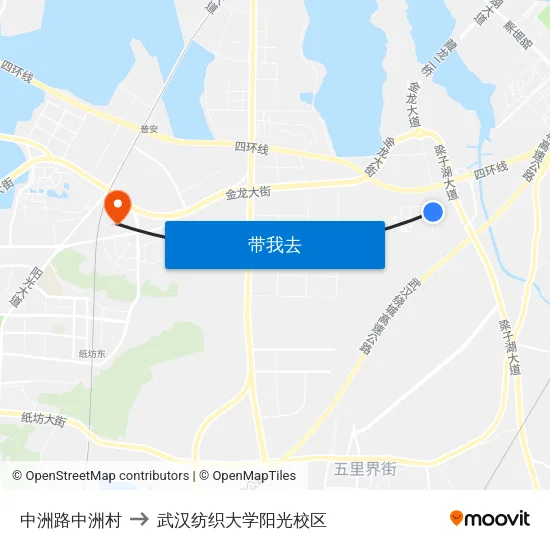 中洲路中洲村 to 武汉纺织大学阳光校区 map