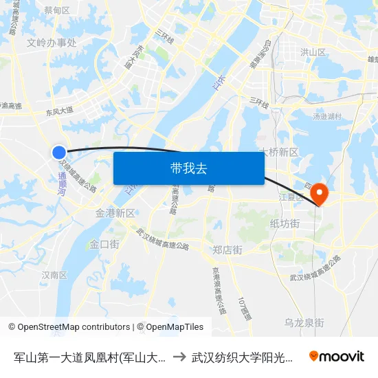 军山第一大道凤凰村(军山大道) to 武汉纺织大学阳光校区 map