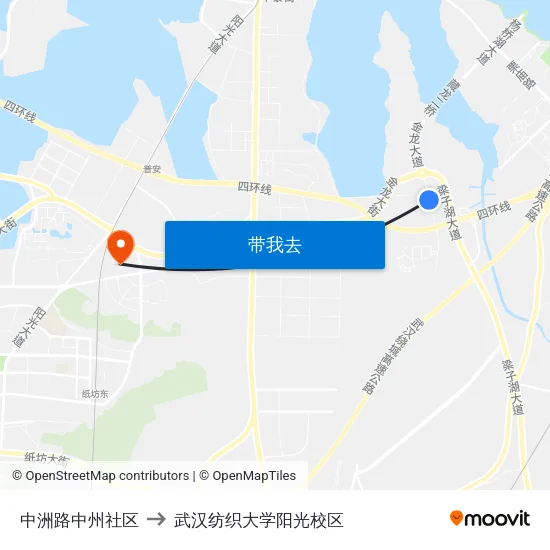 中洲路中州社区 to 武汉纺织大学阳光校区 map