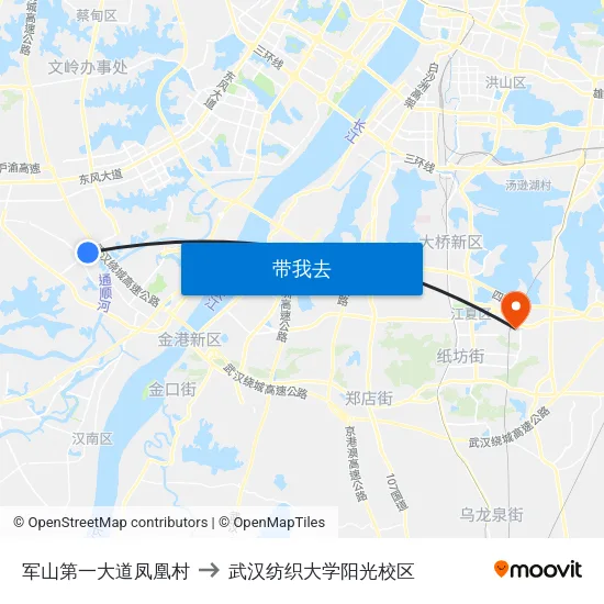 军山第一大道凤凰村 to 武汉纺织大学阳光校区 map