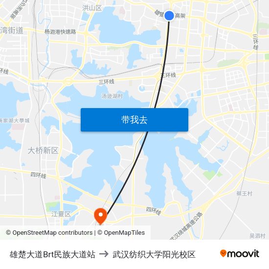 雄楚大道Brt民族大道站 to 武汉纺织大学阳光校区 map