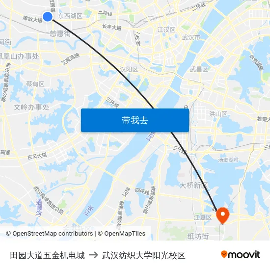 田园大道五金机电城 to 武汉纺织大学阳光校区 map