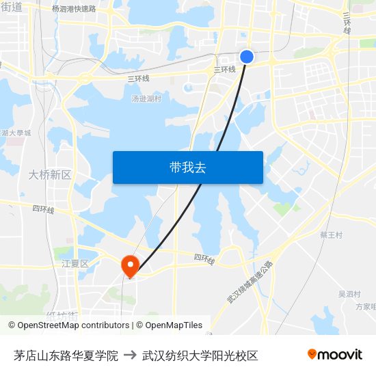 茅店山东路华夏学院 to 武汉纺织大学阳光校区 map