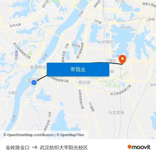 金岭路金口 to 武汉纺织大学阳光校区 map