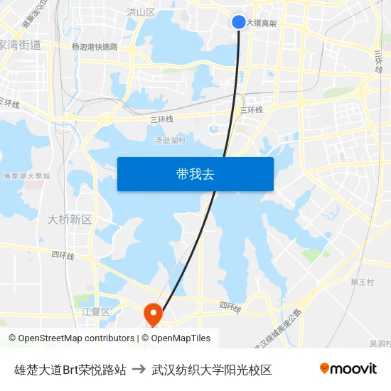 雄楚大道Brt荣悦路站 to 武汉纺织大学阳光校区 map