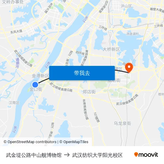武金堤公路中山舰博物馆 to 武汉纺织大学阳光校区 map