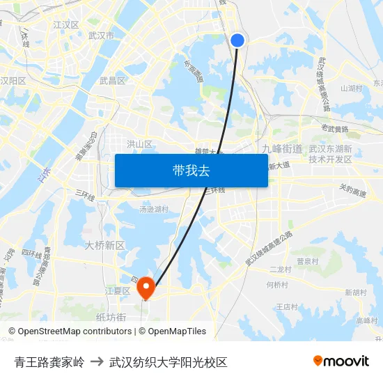 青王路龚家岭 to 武汉纺织大学阳光校区 map