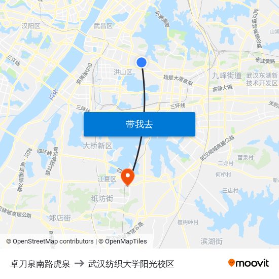 卓刀泉南路虎泉 to 武汉纺织大学阳光校区 map