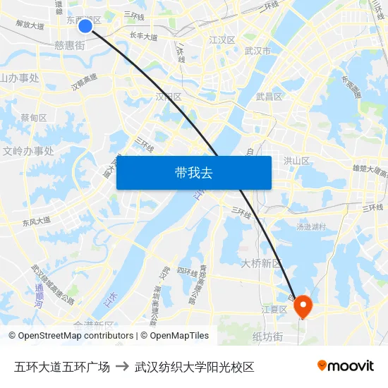 五环大道五环广场 to 武汉纺织大学阳光校区 map