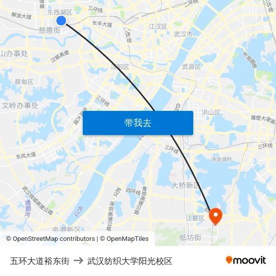 五环大道裕东街 to 武汉纺织大学阳光校区 map