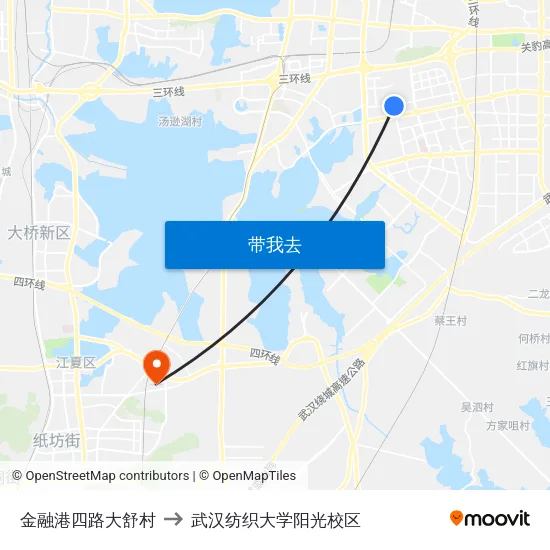 金融港四路大舒村 to 武汉纺织大学阳光校区 map