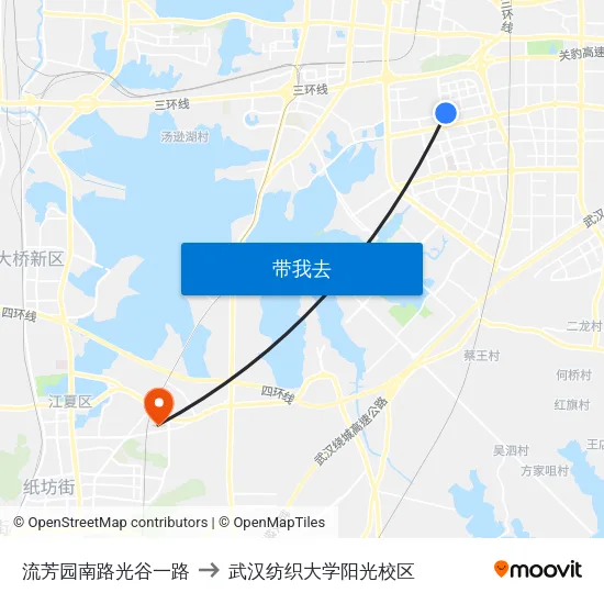 流芳园南路光谷一路 to 武汉纺织大学阳光校区 map