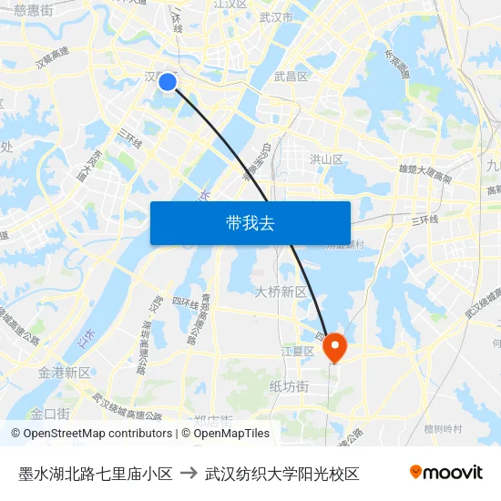 墨水湖北路七里庙小区 to 武汉纺织大学阳光校区 map
