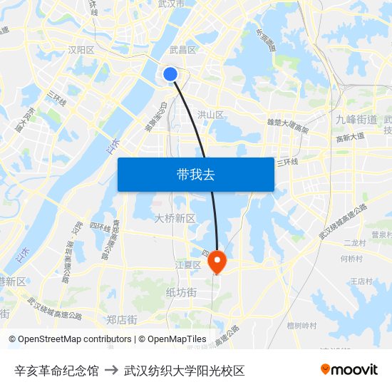 辛亥革命纪念馆 to 武汉纺织大学阳光校区 map