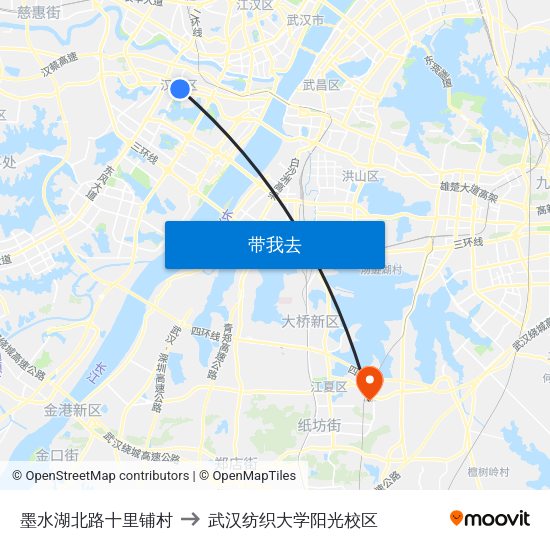 墨水湖北路十里铺村 to 武汉纺织大学阳光校区 map