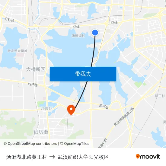 汤逊湖北路黄王村 to 武汉纺织大学阳光校区 map