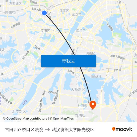 古田四路桥口区法院 to 武汉纺织大学阳光校区 map