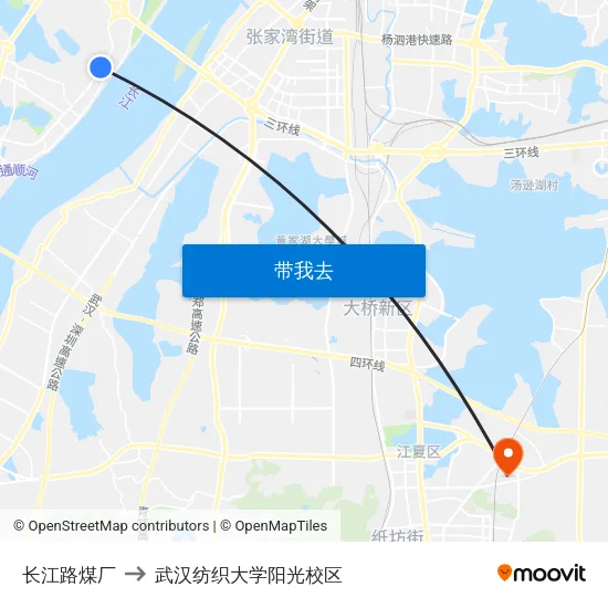 长江路煤厂 to 武汉纺织大学阳光校区 map