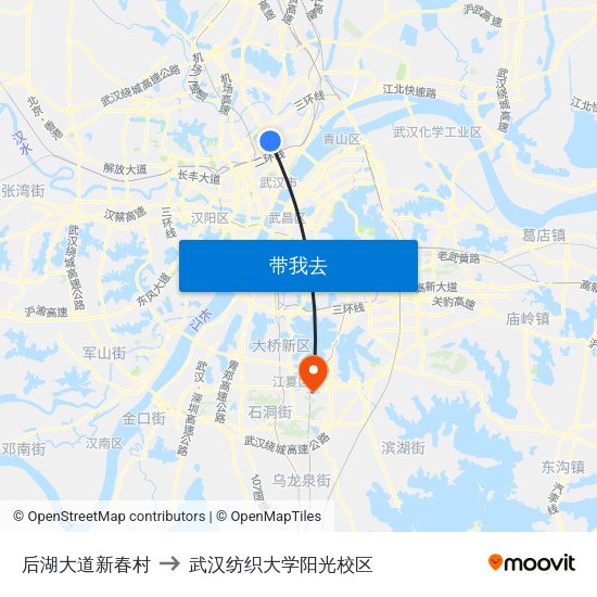 后湖大道新春村 to 武汉纺织大学阳光校区 map