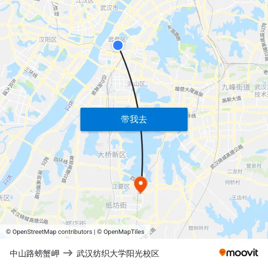 中山路螃蟹岬 to 武汉纺织大学阳光校区 map