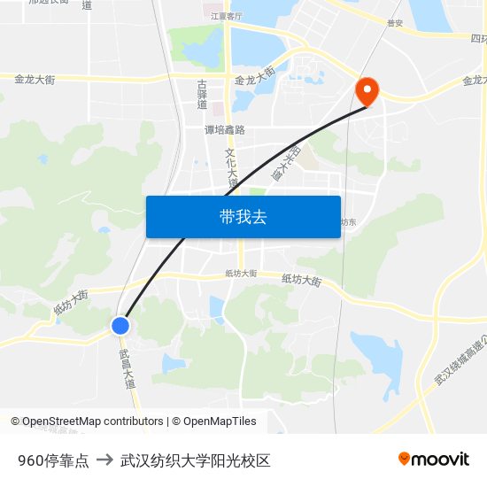 960停靠点 to 武汉纺织大学阳光校区 map