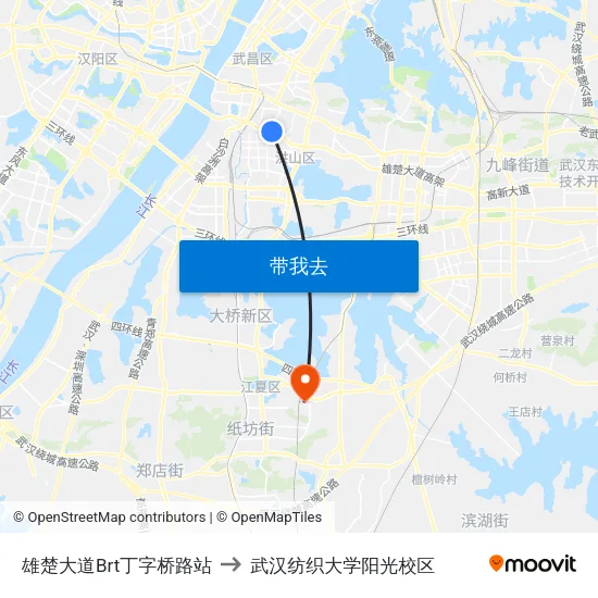 雄楚大道Brt丁字桥路站 to 武汉纺织大学阳光校区 map