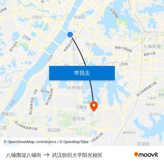 八铺围堤八铺街 to 武汉纺织大学阳光校区 map