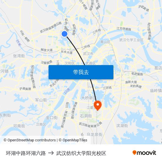 环湖中路环湖六路 to 武汉纺织大学阳光校区 map