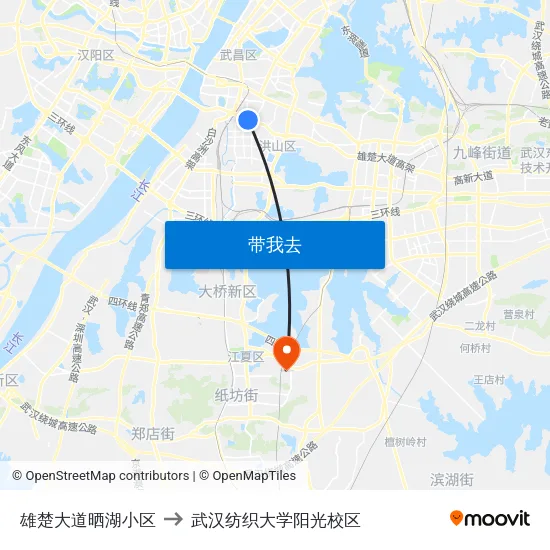 雄楚大道晒湖小区 to 武汉纺织大学阳光校区 map