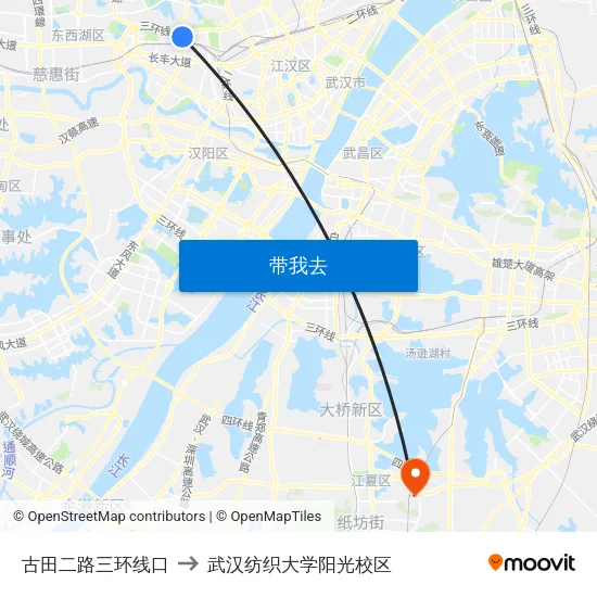 古田二路三环线口 to 武汉纺织大学阳光校区 map