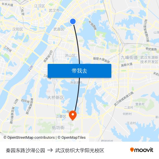 秦园东路沙湖公园 to 武汉纺织大学阳光校区 map