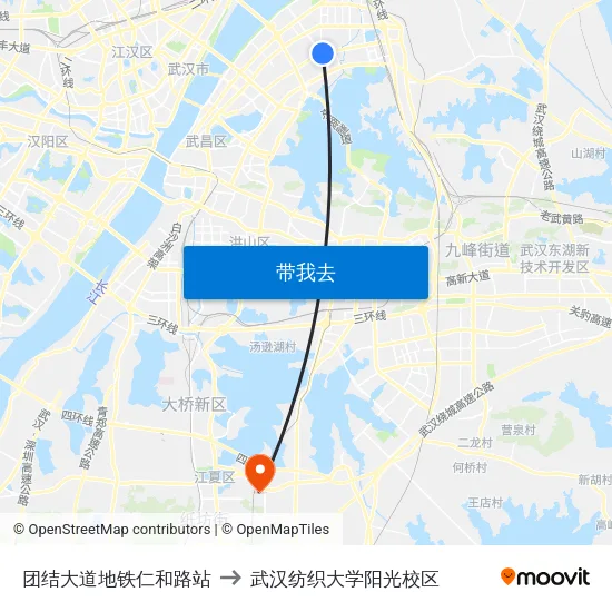 团结大道地铁仁和路站 to 武汉纺织大学阳光校区 map